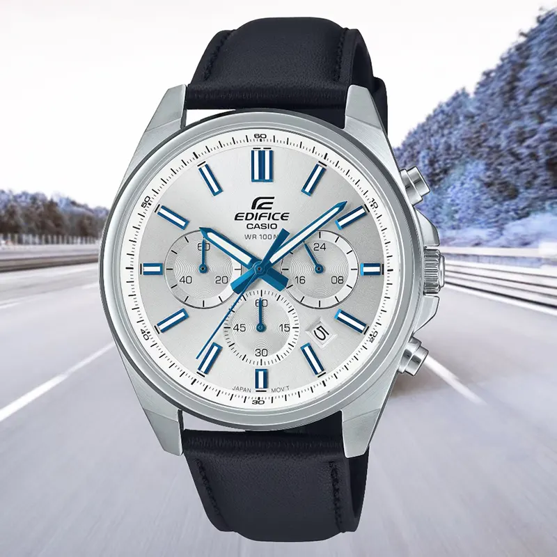 Casio Edifice Chronograph Silver Dial Leather Men's Watch- EFV-650L-7AV